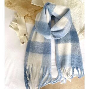 Blue and cream white plaid scarf